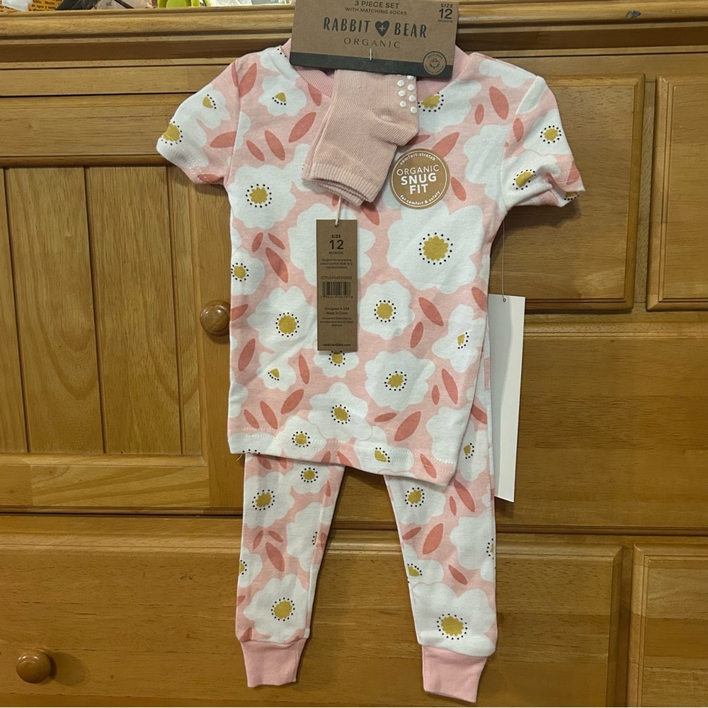 Rabbit + Bear 3 Piece Floral Pajama Set for Girls Size 12 Months
